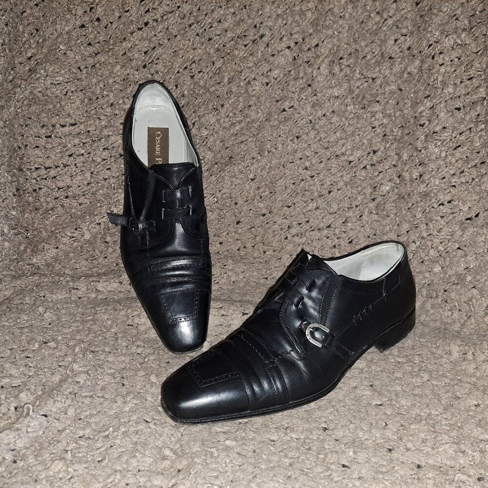 CESARE PACIOTTI-Black Leather-Buckle/Lace Concept-Sz 7.5-Excellent